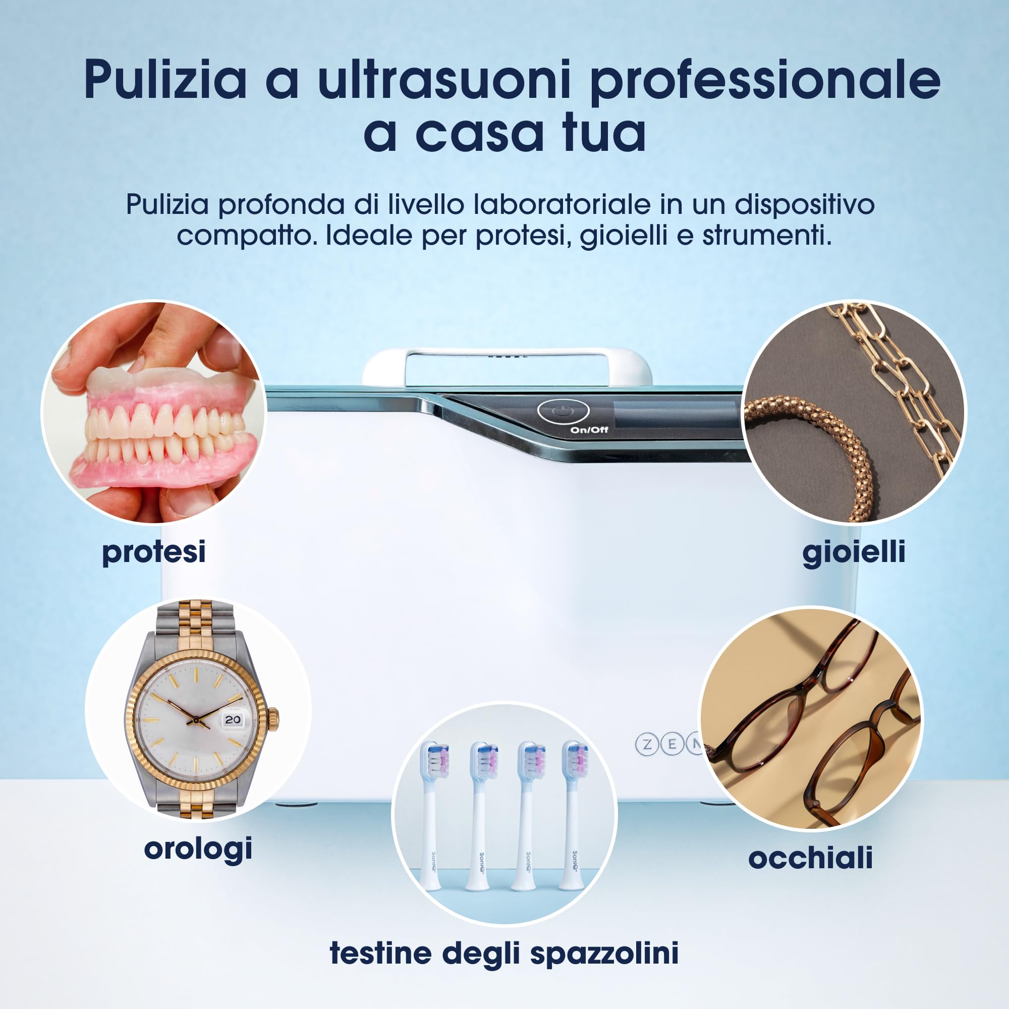 ZENT Pulitore ultrasuoni 42kHz 600ml, Ultrasuoni per pulisci occhiali, Pulizia apparecchio ortodontico, protesi dentarie, gioielli, orologi, invisalign - 5 programmi temporali, Pannello touch LED