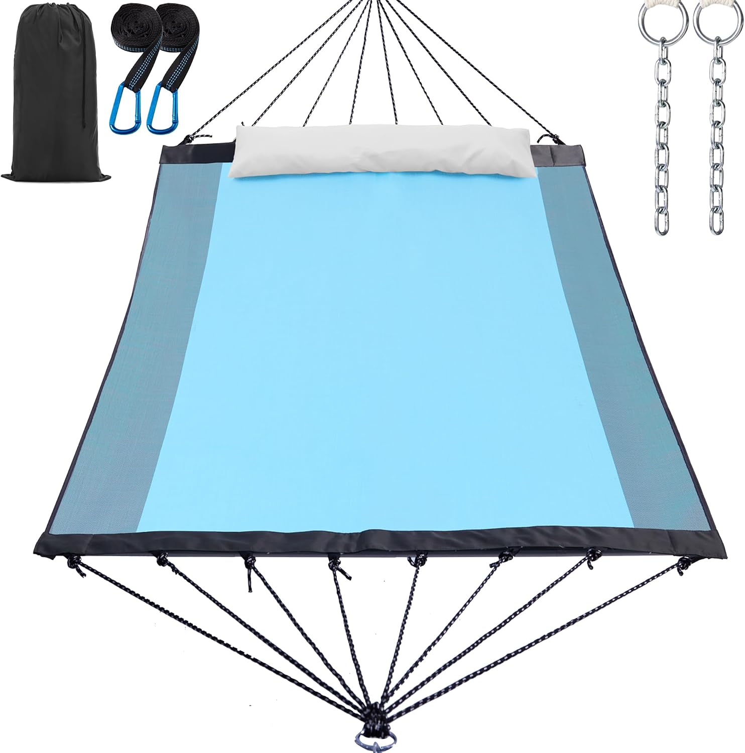 GAFETE 14ft 2 Person Hammock for Outside, Quick Dry Textilene, Portable Hammocks Without Stand with Folding Steel Spreader Bar, Carrying Bag, Tree Straps, Pillow & Sidebag, 550 lbs Capacity (Coffee)