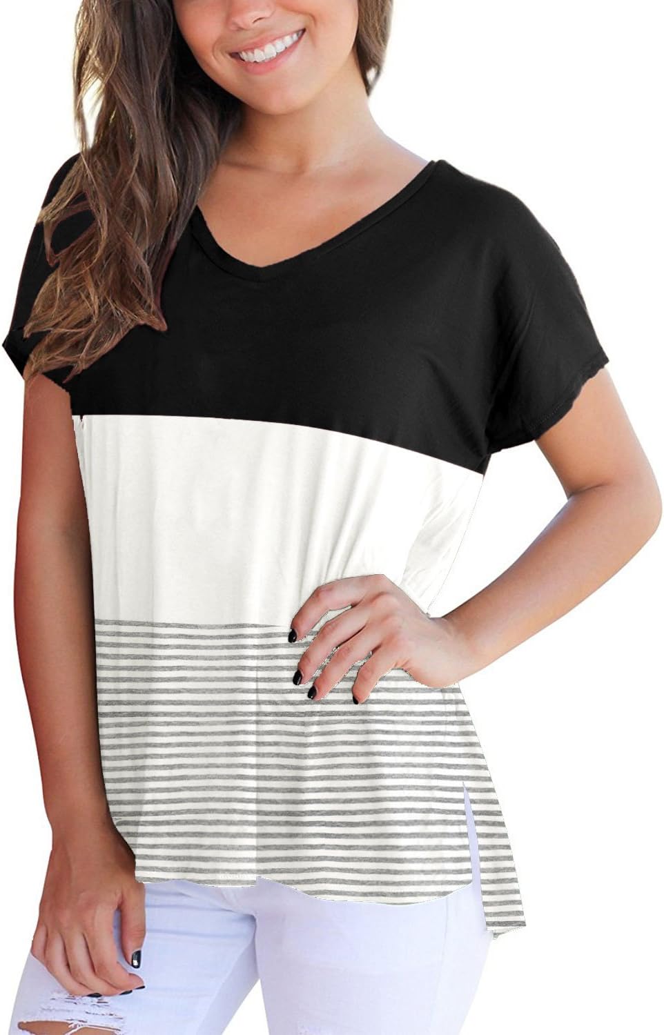 Tshirts for Women Triple Plus Size 2X Casual Tops Plain Color Block Shirts and Blouse Triple Black