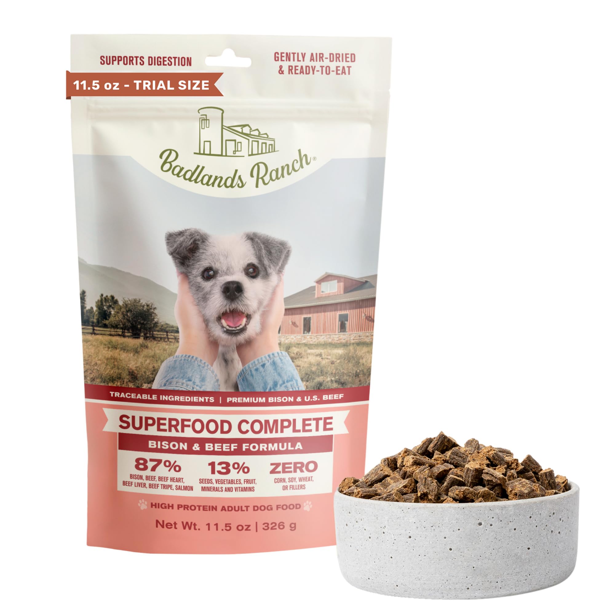 BADLANDS RANCH Air-Dried Beef &amp; Bison Dog Food, 87% Meat, 11.5 oz