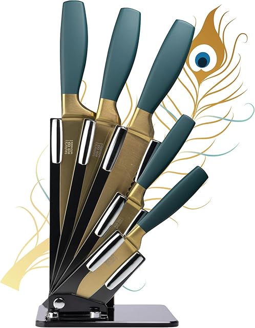 Satin Gold Kitchen Knife Block Set - Ultra Modern Fan Shaped Storage Holder. 5 Small to Large Razor Sharp, Titanium Coated, Stainless Steel Knives with Matt Peacock Blue Comfort Handles
