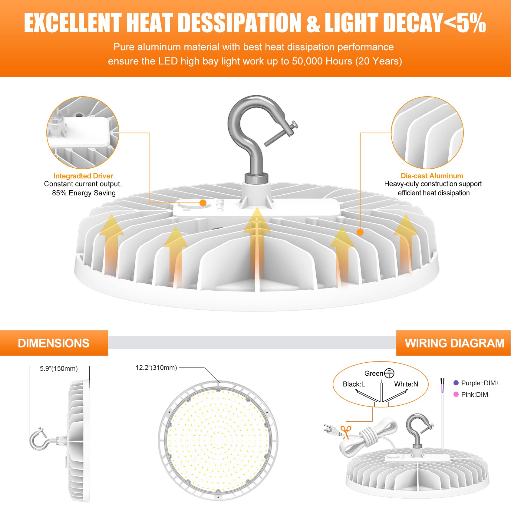 6 Pack LED High Bay Light 240W 200W 150W Adjustable UFO High Bay LED Lights 4500K 5000K 5700K — view 7