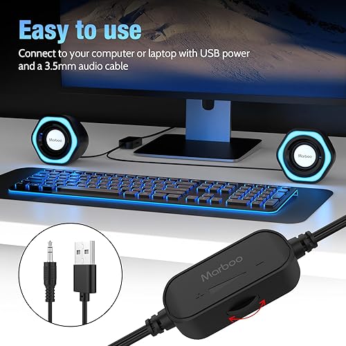 Miniatura 4 de Altavoces de computadora para PC, alimentados por USB, conector AUX de 0.138 in, control de volumen, luz LED azul hielo, calidad de sonido estéreo