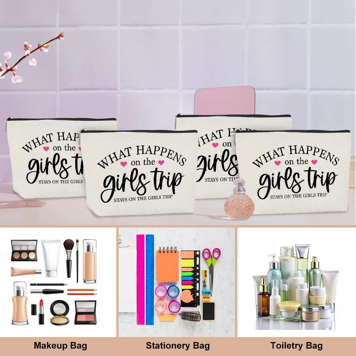 4 Pcs Girls Trip Gifts Weekend Gifts for Women Girls Trip Favors Makeup Bag Cosmetic Bag for Female Lady Girl Daughter Friend Coworker Niece Weekend Bag Vacation Christmas Birthday