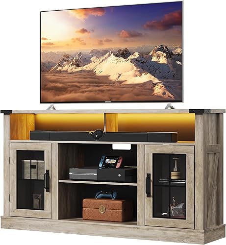 Miniatura 8 de WLIVE Soporte de TV estilo granja para TV de 65 pulgadas, centro de entretenimiento alto con luces LED y gabinetes de almacenamiento, mesa consola