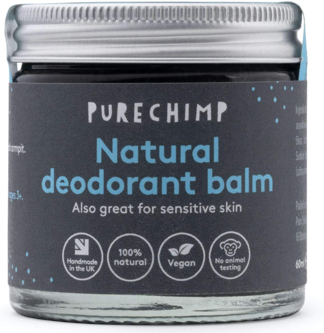 Natural Deodorant Balm 60ml by PureChimp - Recyclable Glass + Aluminium Lid - Activated Charcoal - Vegan - Alcohol & Palm Oil Free For Sensitive Skin (60ml)