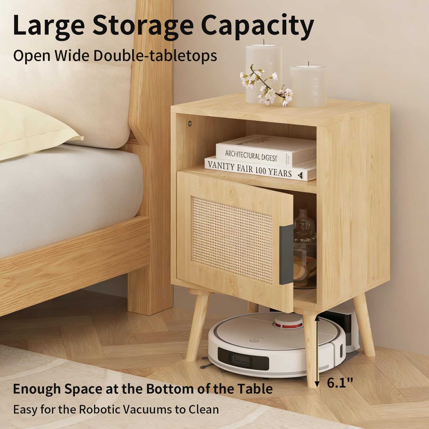 Rattan Nightstands Set of 2 with Storage Shelf - Boho Bedside Table for Bedroom - Modern End Table with Solid Wood Legs for Small Space, Dorm, Oak