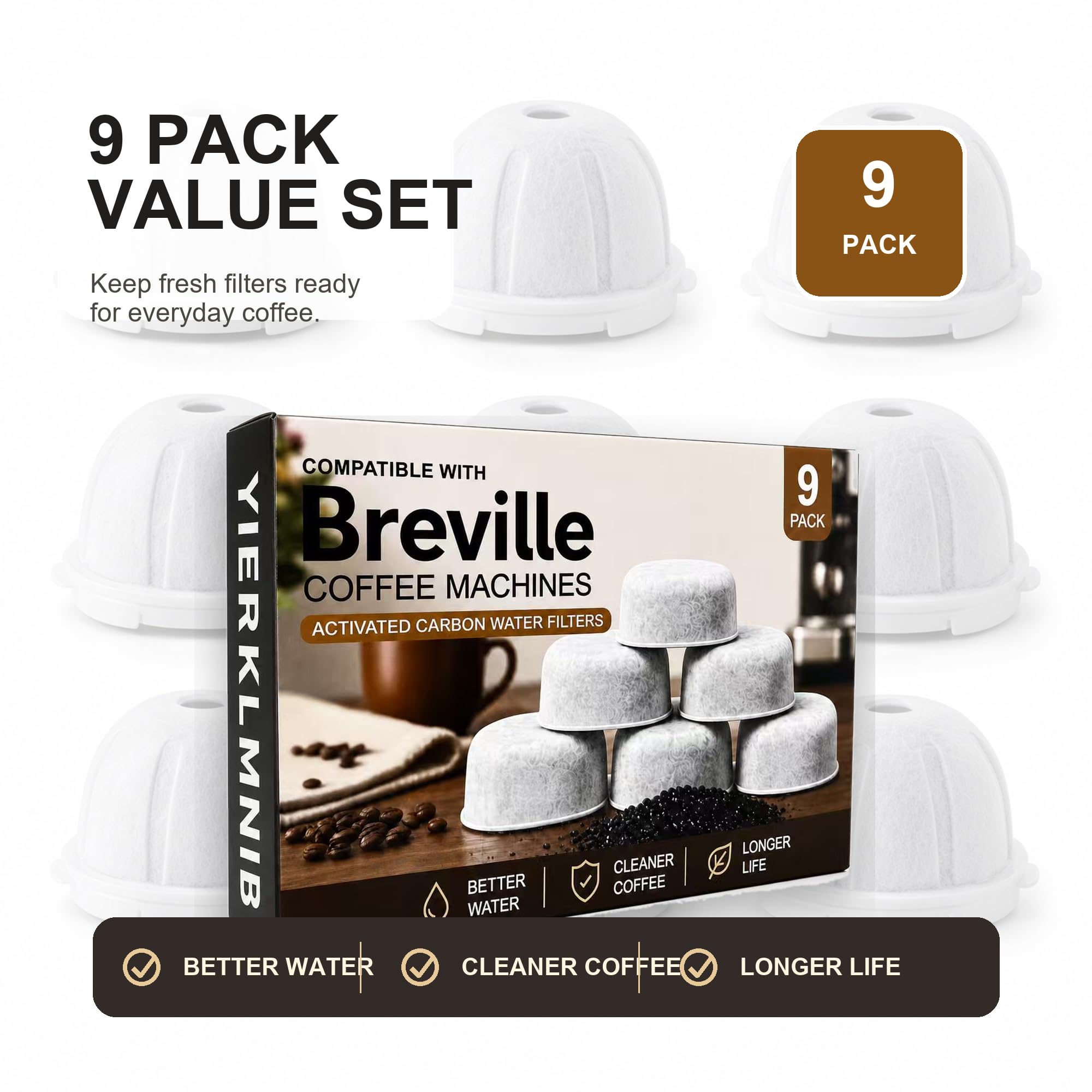 Confezione da 9 filtri per acqua al carbone compatibili con Breville BWF100, filtro per macchina da caffè, filtri dell'acqua di ricambio per macchine da caffè espresso