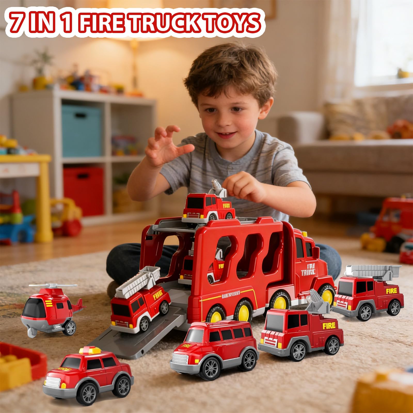 7 en 1 Camion Pompieri Giocattolo, Camion Trasportatore Macchinine con 6 Mini Camions dei Pompieri Camion dei Pompieri ad Inerzia avec Luci e Suoni Regalo per Ragazzi Ragazze di 3 4 5 6 7 anni
