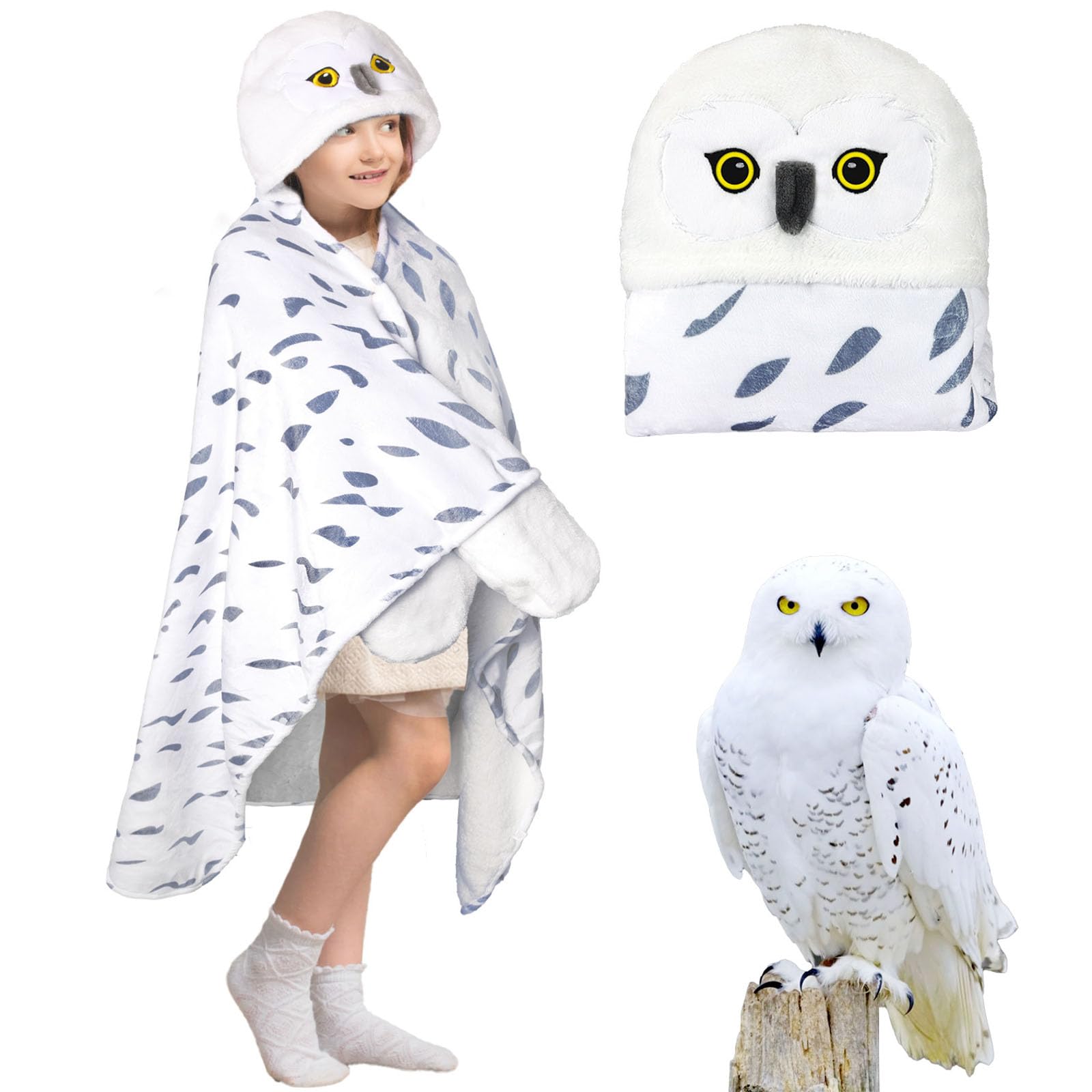 Wearable Blanket Hoodie, Snowy Owl Hooded Blanket Kids Cloak with Gloves, Super Soft Flannel Owl Gifts for Boys and Girls Birthday Holiday Gifts(Snowy Owl - kids)