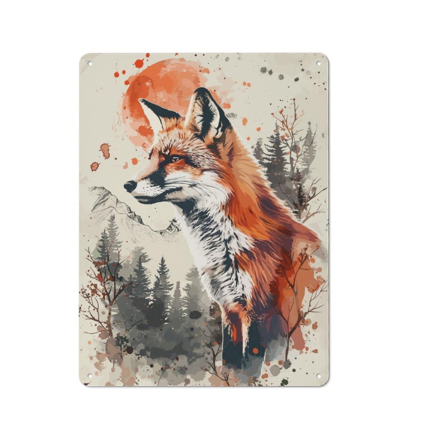 Junmoney Fox Nature Watercolor Printed Metal Sign 40X30cm For Home Office Or Studio, A Christmas Gift For People Styling Home Office And Studio