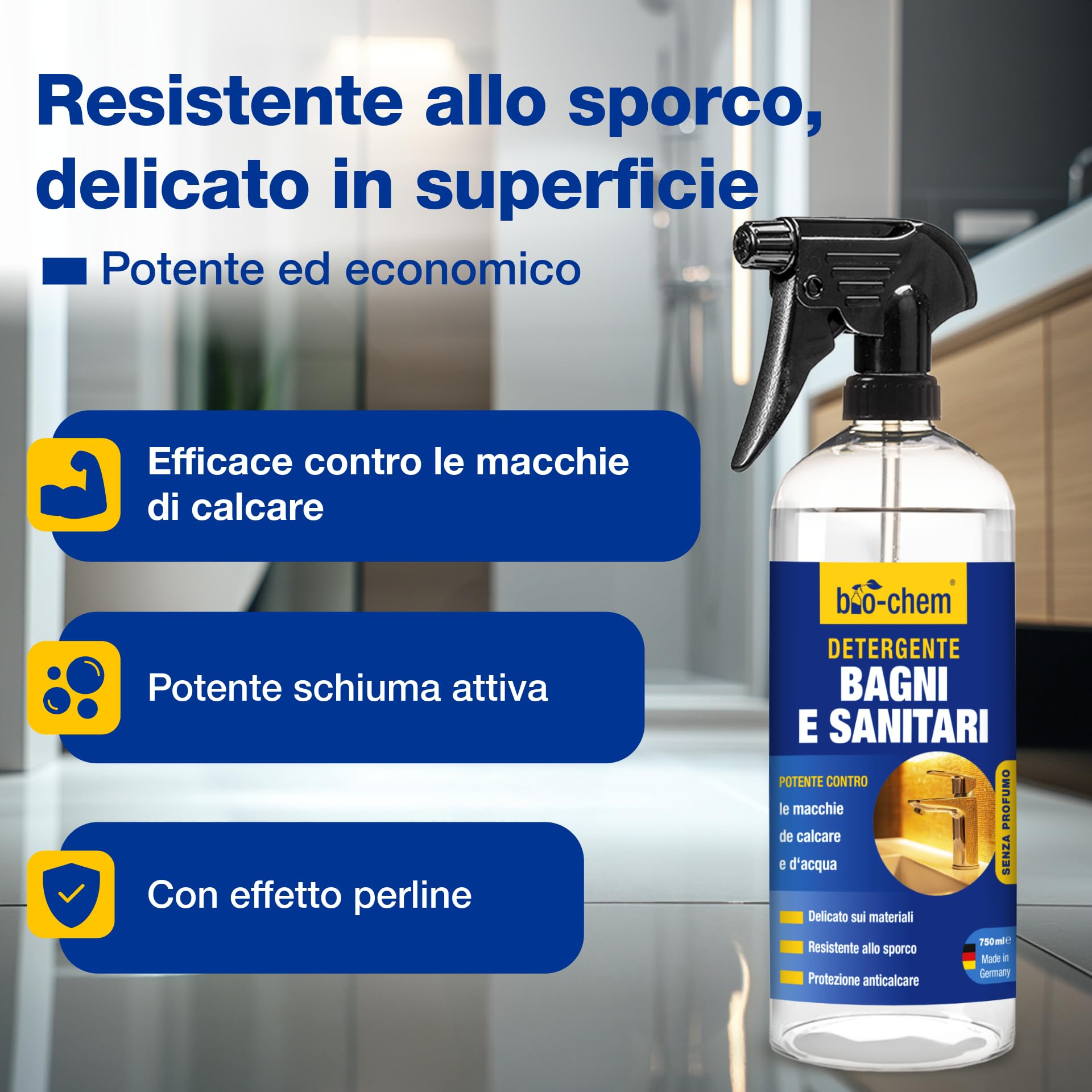 bio-chem Detergente per bagno e toilette anticalcare 5L | Prodotto per la pulizia di doccia, lavandino e WC - Detergente anticalcare e antimuffa per il bagno