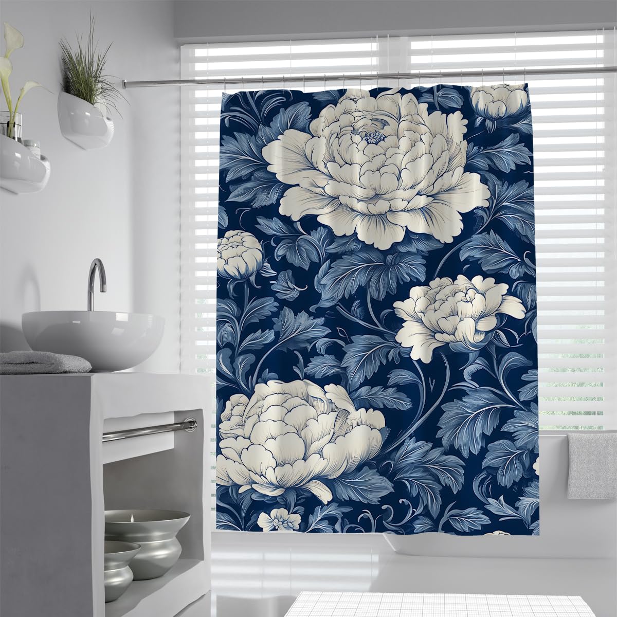 OLLIAR Home Vintage Peony Shower Curtain 180x220 White Floral Pretty Elegant Flower Blossom Polyester Cloth Fabric Waterproof Bathroom Decor Set with Hooks