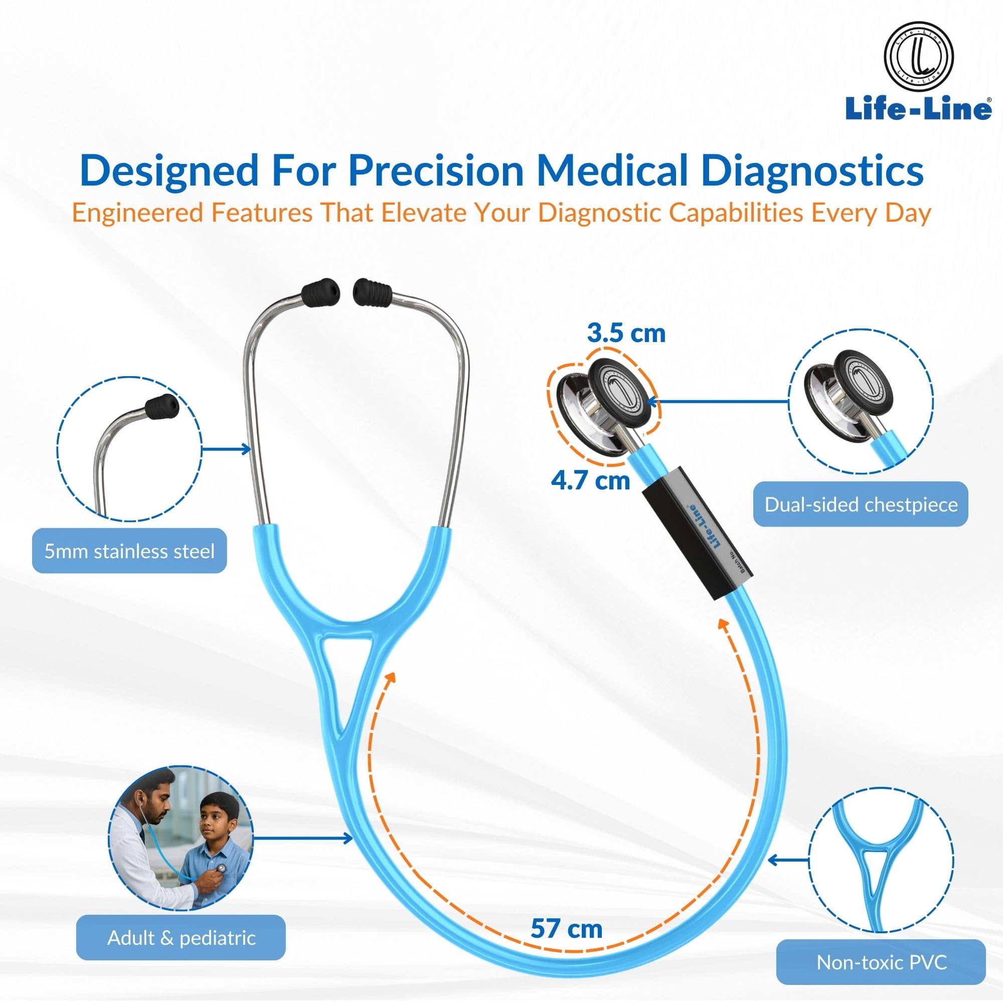 LIFE LINE L1 Steel Stethoscope (Light Blue) | Dual Side Diaphragm Chest Piece for Adult and Paediatric | 2-way Tube | Suitable for Doctors 1