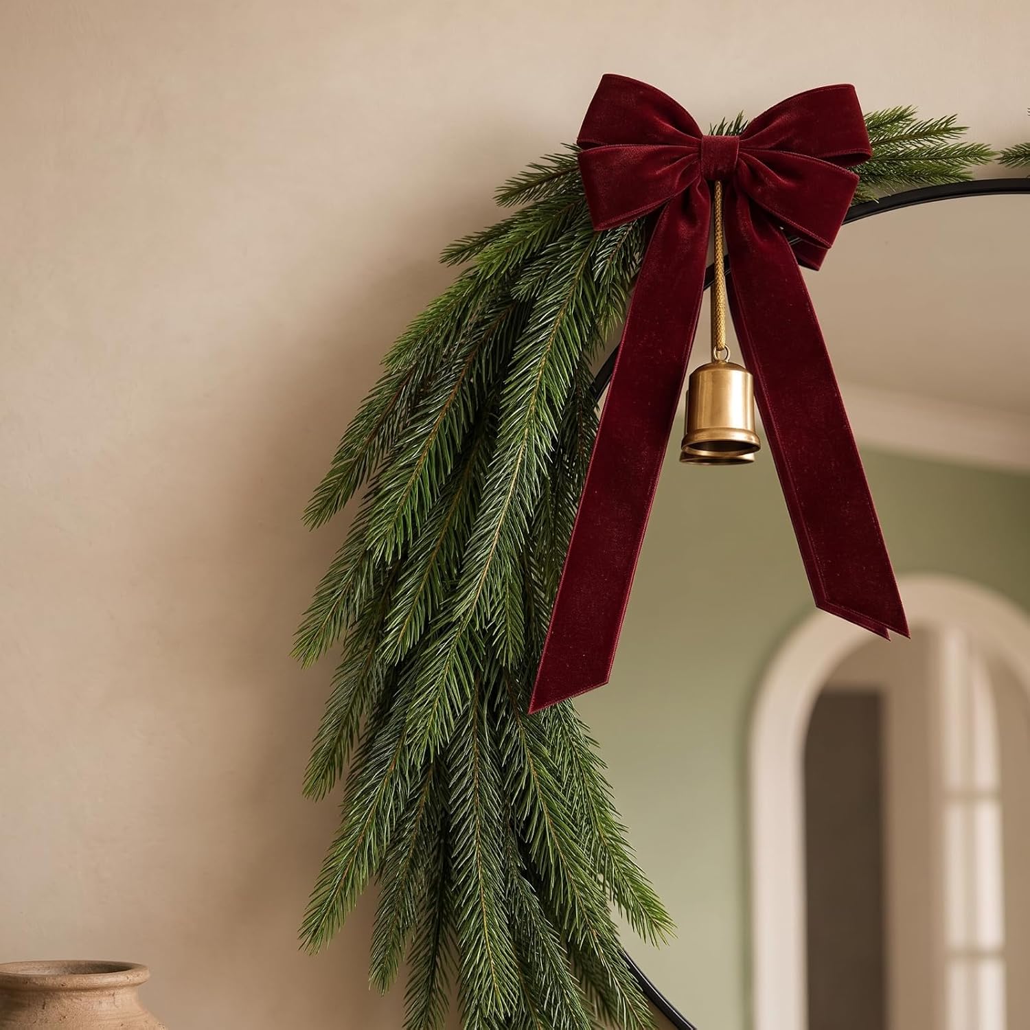 Janinka 4 Pcs Christmas Mirror Garland Swags with Bows, Bells & Hooks