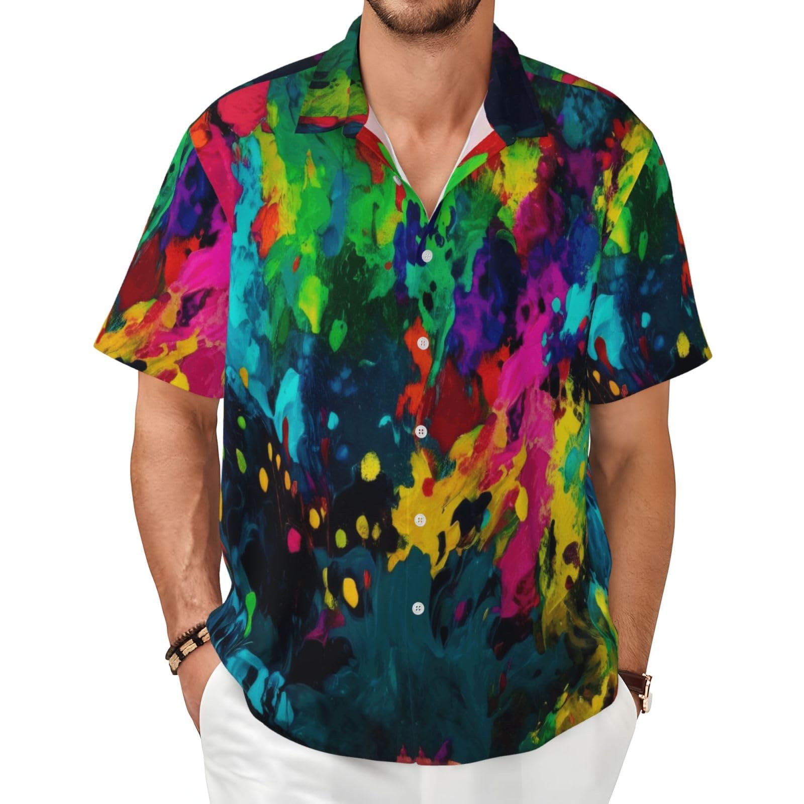 Bktraverpt Men's 3 D Hawaiian Shirt Short Sleeved Colorful Abstract Painting Print Summer Beach Holiday Regular Fit Casual Button Down Shirts With Pocket