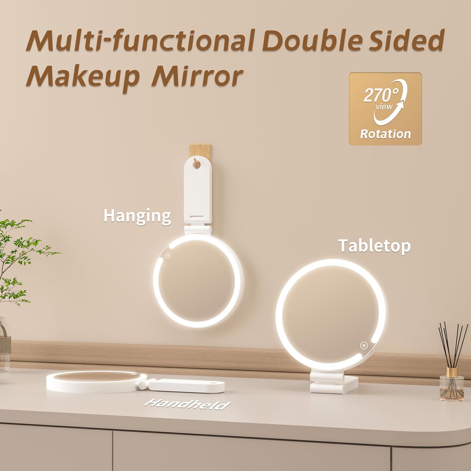 Travel Makeup Mirror with Lights, 20X/1X Double-Sided Magnifying Mirror with 3 Color Lights, Brightness Adjustable, Rechargeable, Foldable Handheld Makeup Mirrors Portable for Travel Use