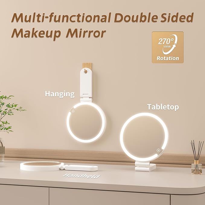 Espejo de maquillaje viajero con luces LED recargable plegable miniatura 7