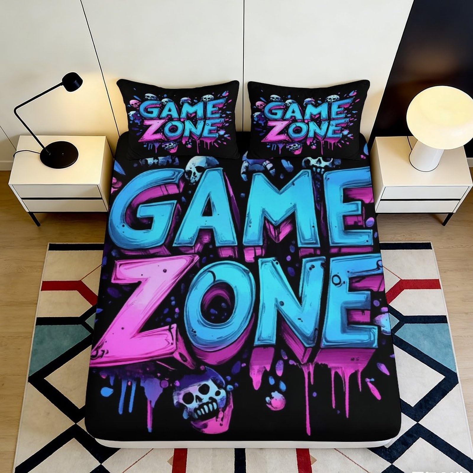 Jqzkxnhpbr Style-7 3D Printed Game Zone Fitted Sheet Microfiber Anti-Slip Bed Cover Graffiti Skull For Bedroom Dorm Decor Easy Care 90X200x25cm