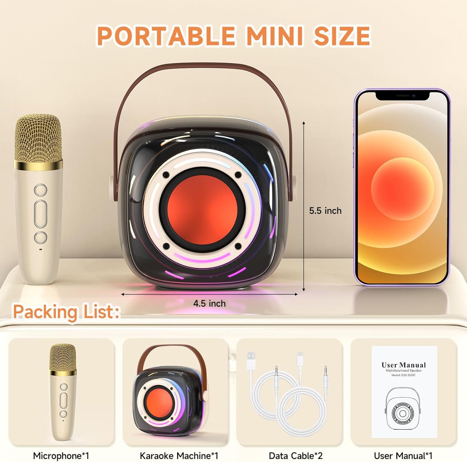Karaoke Machine with 1 Wireless Mircophone for Adults Kids, Portable Bluetooth Karaoke Speaker with 3.5" Full-Range Speaker and Colorful LED Lights, Support USB/TF Card/AUX (1Mics) - Image 6