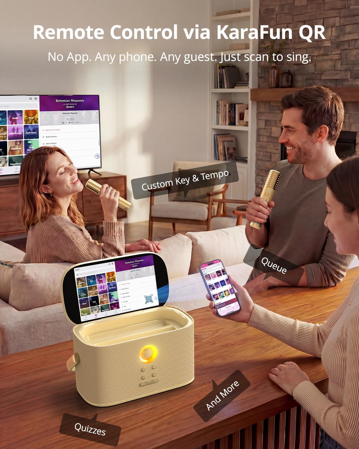Ikarao Karaoke Machine for Adults, with Lyrics Display Screen, 2 Self-Charging Wireless Microphones, Autotune & EQ, 140W Speaker, Connect TV, Portable Karaoke System for Home, Family, Party, Travel
