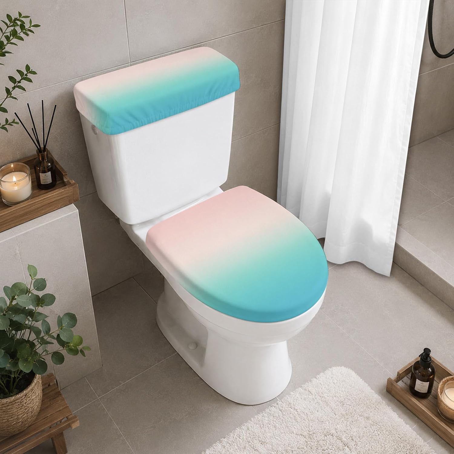 Pink Teal Ombre Elastic Toilet Lid and Tank Covers Set, Modern Abstract Art Gradient Aesthetics Decorative Bathroom Decor, 2 Pcs Toilet Lid Cover and Toilet Tank Lid Cover with Elastic Bottom image 4