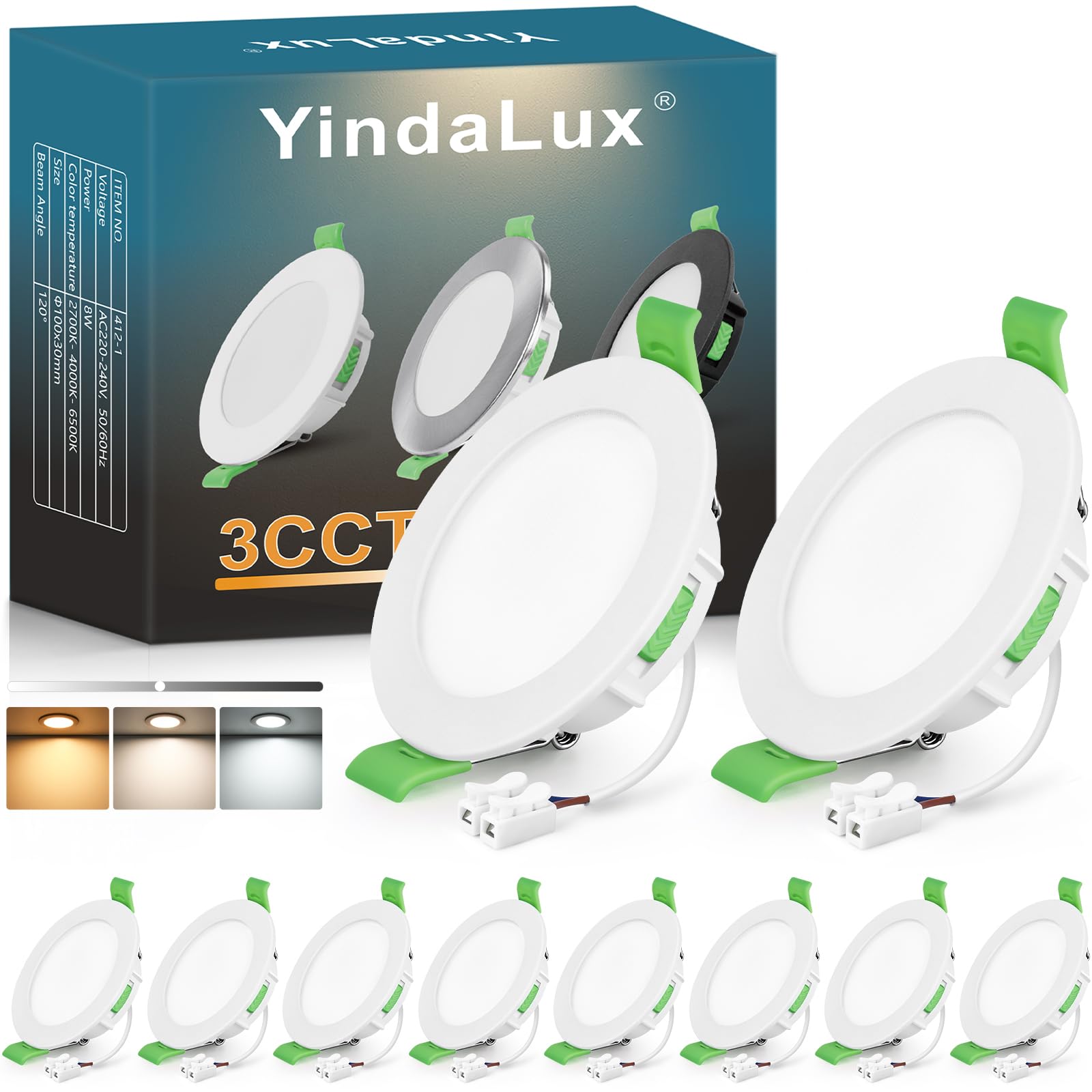 YindaLux Recessed LED Spotlight 230V Dimmable 8W 800LM – White Ceiling Spot, 75-90mm Hole Size, IP44 Bathroom Recessed Lighting – Warm 2700K | Neutral 4000K | Cool 6500K (10-Piece Set)