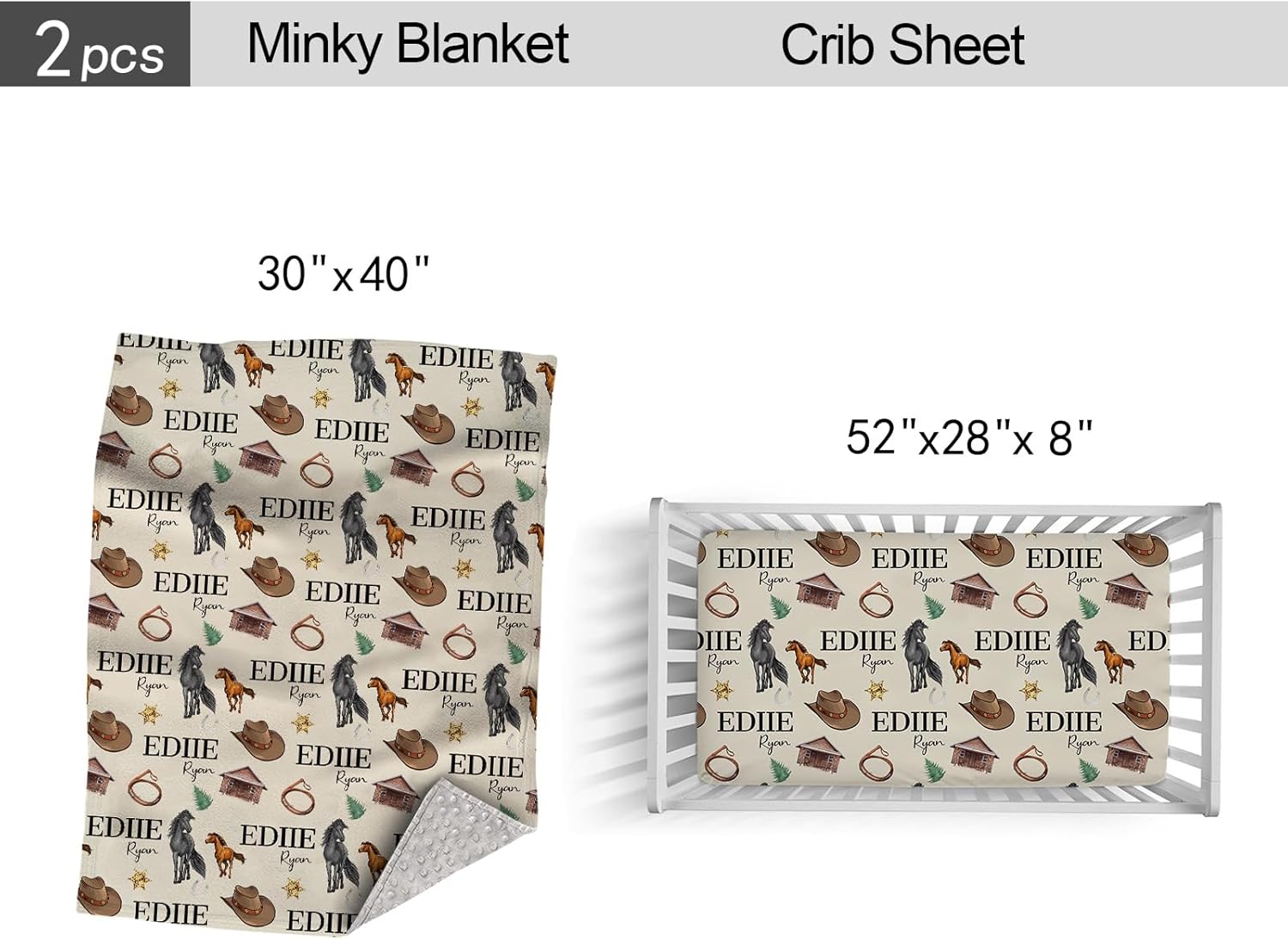 Personalized Baby Boy Crib Bedding Set, Custom Cowboy Nursery Bedding With Name, 2 Piece Set: Comforter and Fitted Sheet