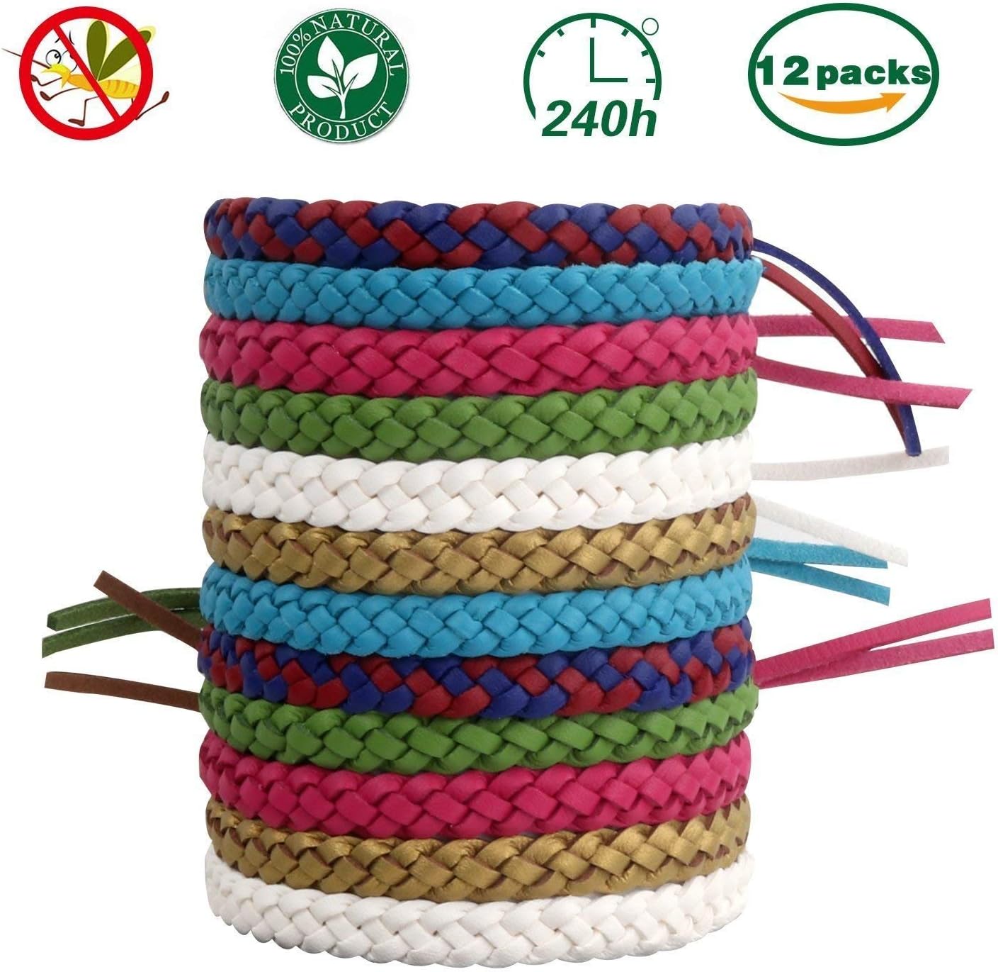 CXKB Mosquito Repellent Bracelet, Leather Mosquito Braided Bracelet, 100% Natural, Adjustable, Waterproof, Suitable for Children, Adults and Pets Camping, Barbecue, Travel - 12 Colors.