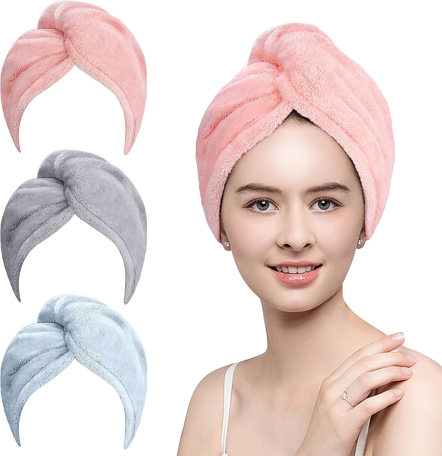 Sndyi Microfiber Hair Towel, 3 Pack Hair Turban for Wet Hair, Anti Frizz Hair Towel for Women