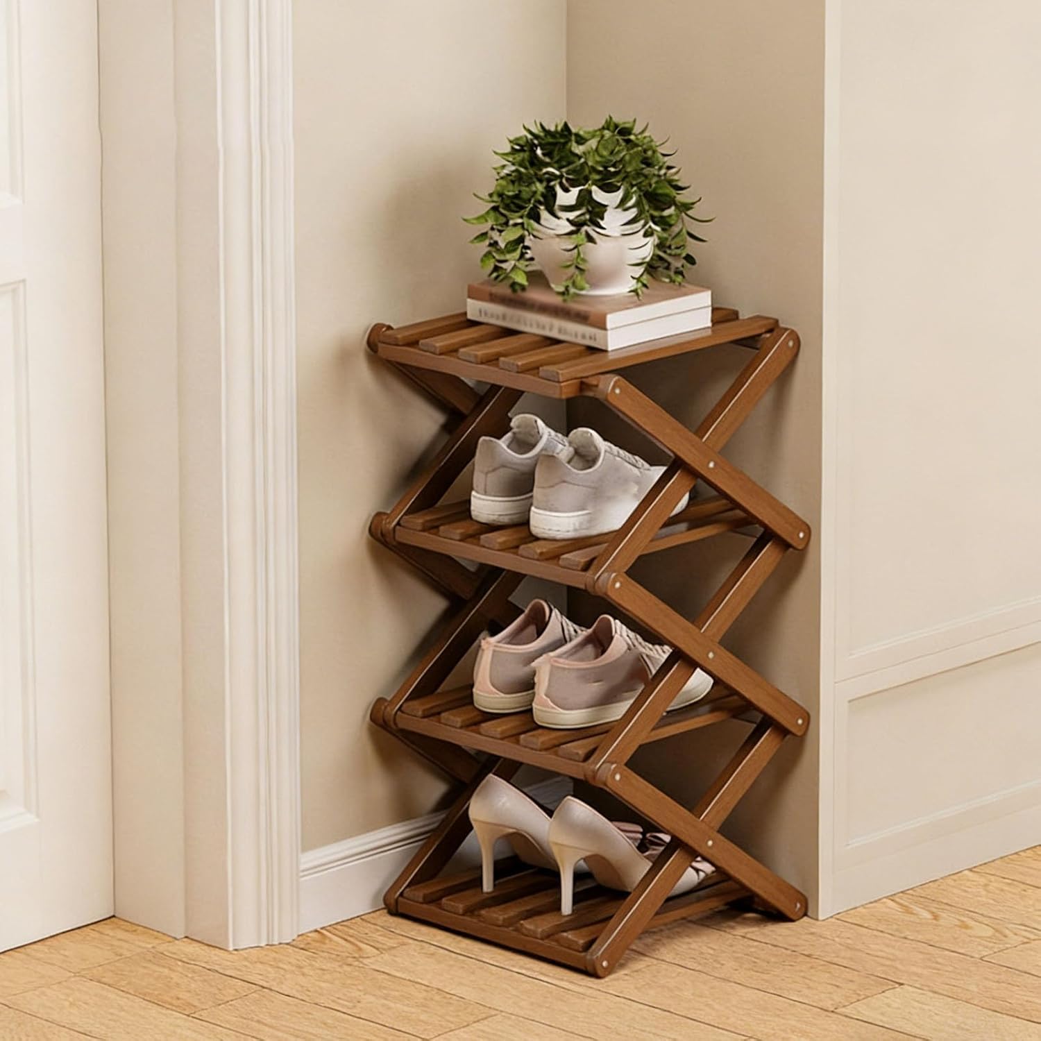 9-Tier No-Assembly Bamboo Folding Shoe Rack, Narrow Space-Saving Shoe Organizer for Entryway Closet Dorm, 2-9 Tier Adjustable(Brown,4 Tier)