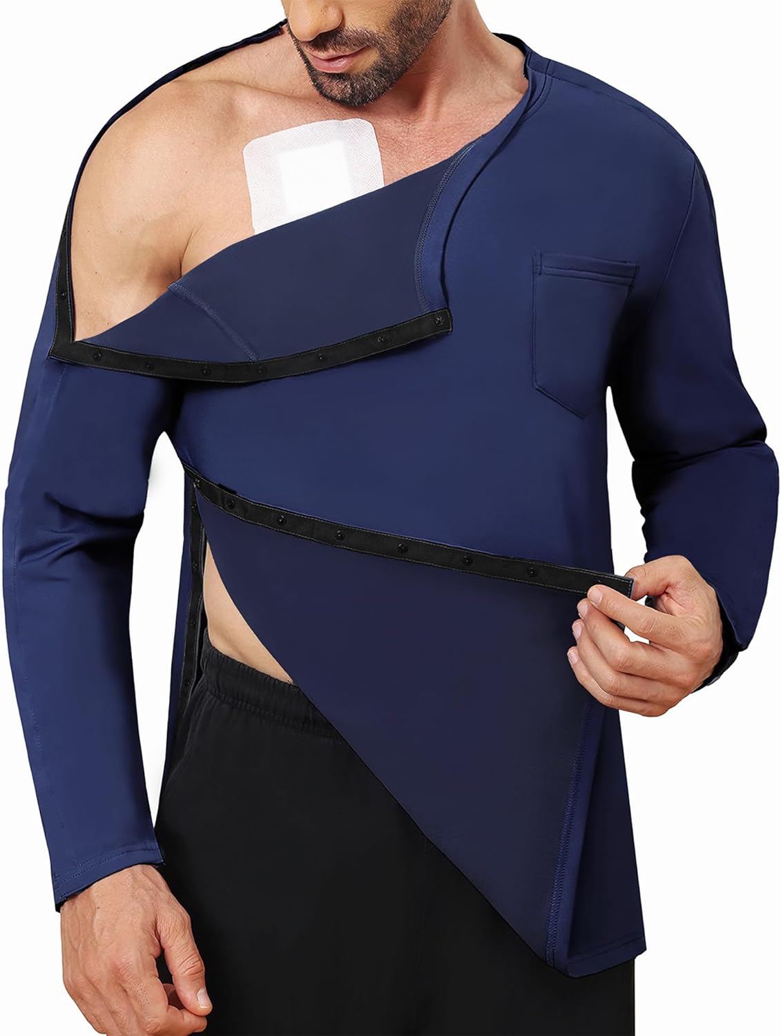 Fleece Lined Men's Post Shoulder Surgery Recovery Shirt Full Snap Tear Away Long Sl...