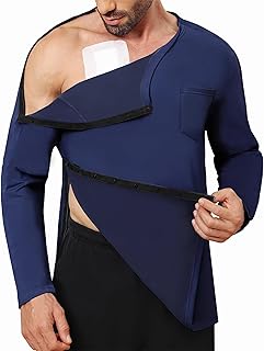 Fleece Lined Men's Post Shoulder Surgery Recovery Shirt Full Snap Tear Away Long Sleeve Chemo Port Access Adaptive Clohting