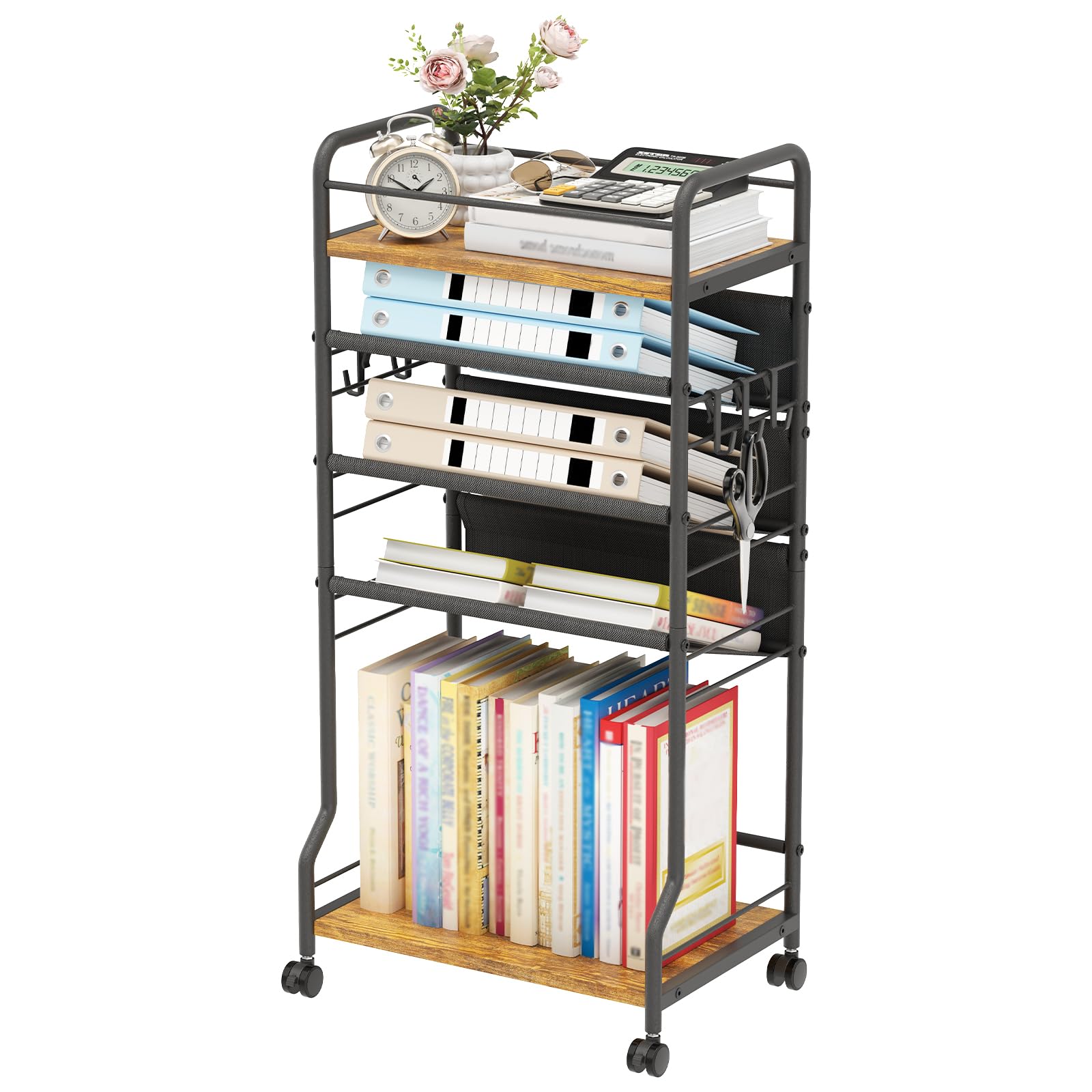 Rollbarer Aktenwagen mit 5 Ebenen, mobiler Bücherwagen mit Rollen, Metall, Holz, bewegliches Bücherregal, Tischregal, Büro, Papieraufbewahrung, Organizer für Zuhause, Schule, Lehrer,