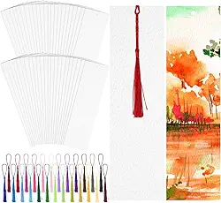 LOTMER 200 peças de marcadores em branco de papel aquarela com borlas coloridas, borlas, kit faça você mesmo, marcadores de papel aquarela de algodão com orifício para sala de aula DIY e etiquetas de
