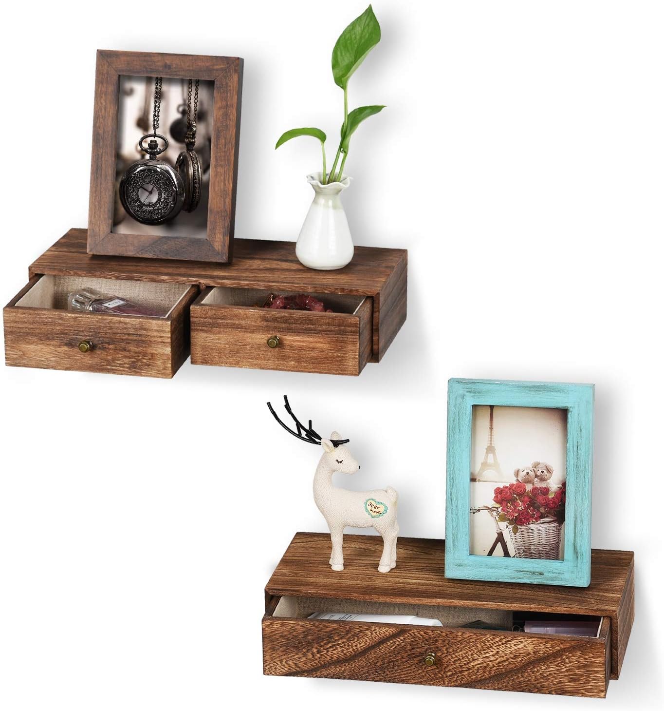 Emfogo Floating Shelf with Drawer Rustic Wood Wall Shelves for Storage and Display Multiuse as A Nightstand or Bedside Shelf Set of 2