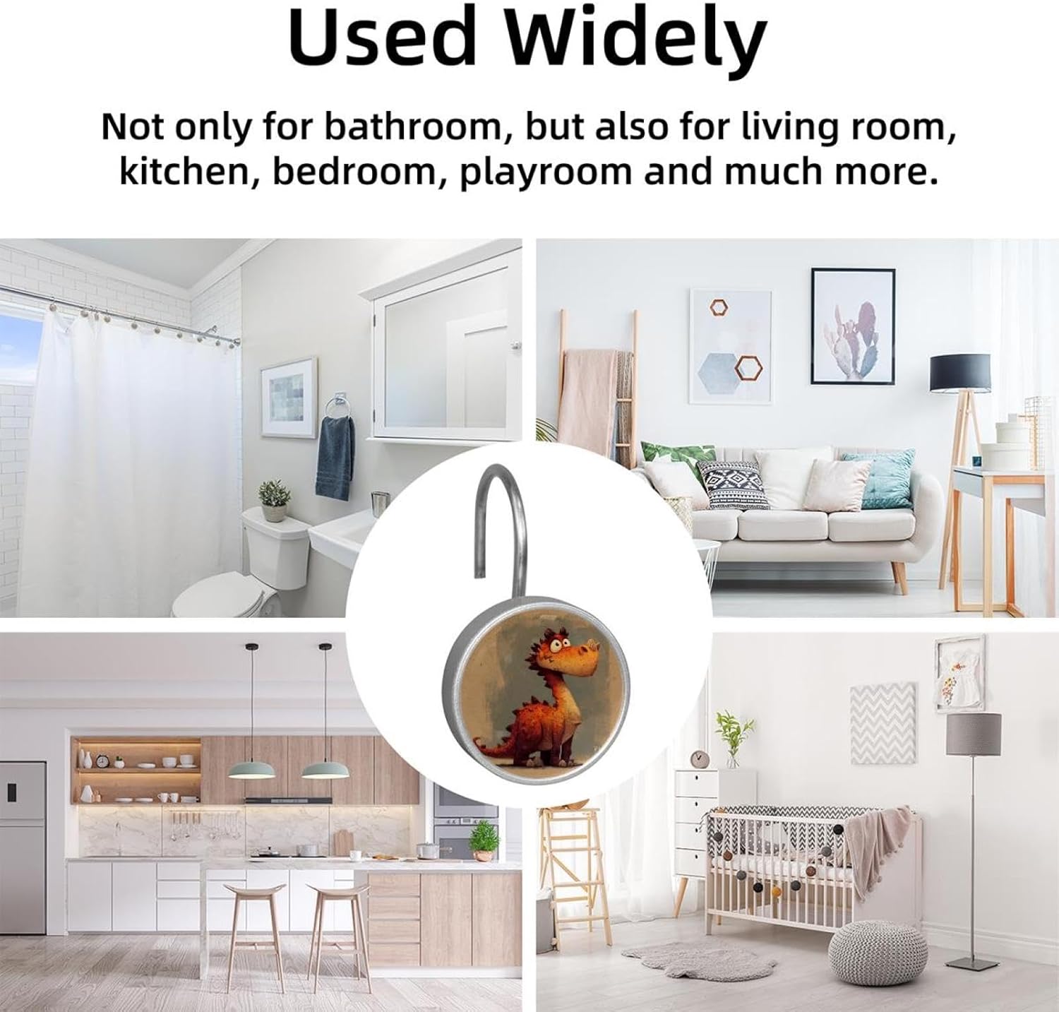 12PCS Cartoon Dinosaur Shower Curtain Hooks Rings for Bathroom, Decorative Shower Curtain Hooks Rods Curtains and Liner