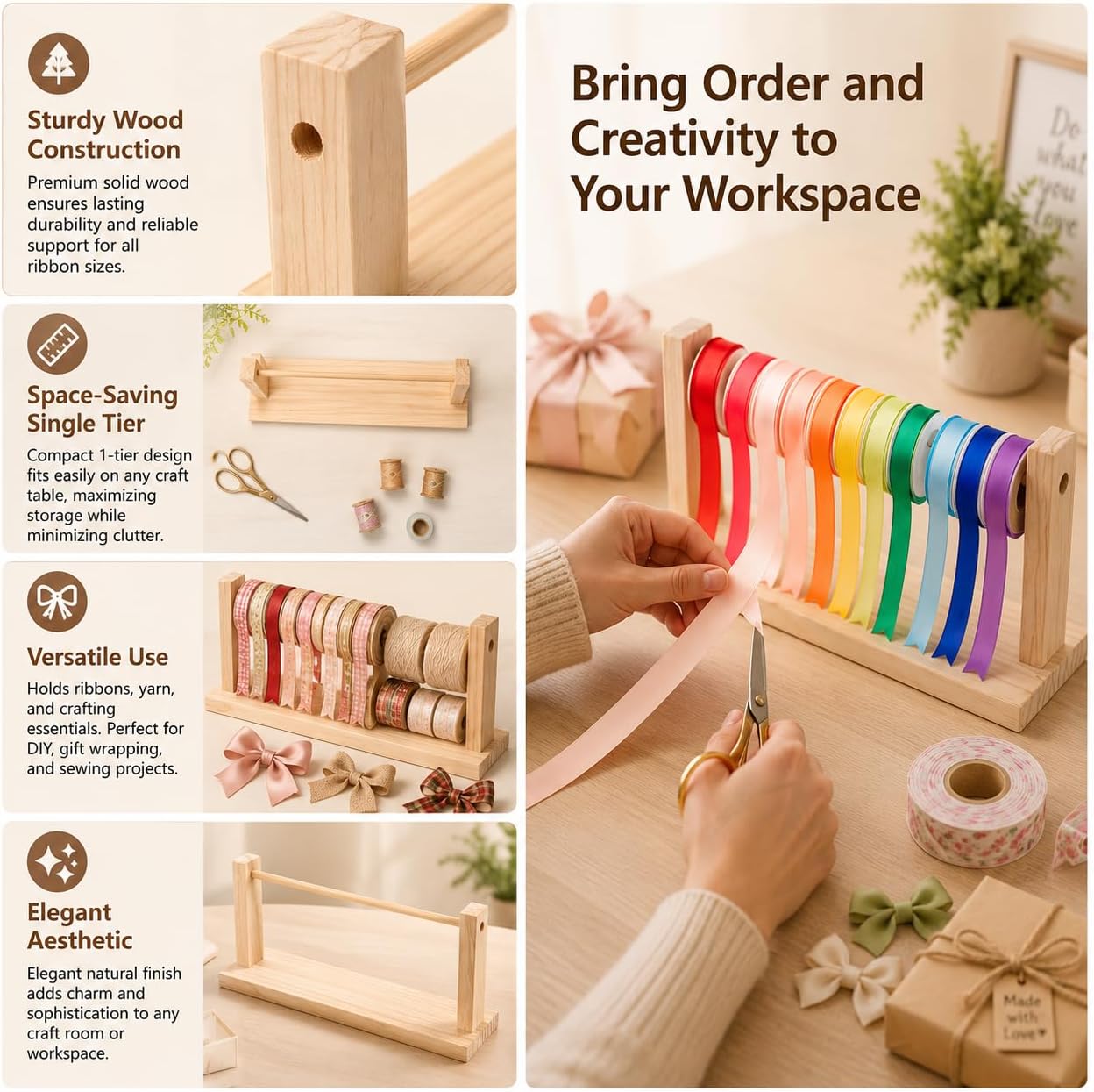 Homoyoyo Wooden Ribbon Storage Organizer Rack – 15.74In Craft Ribbon Holder with Rotating Spool for Wrapping, Flower Shop & Sewing Supplies – Rotating Spool Display Stand, Beige (Single Layer) image 2