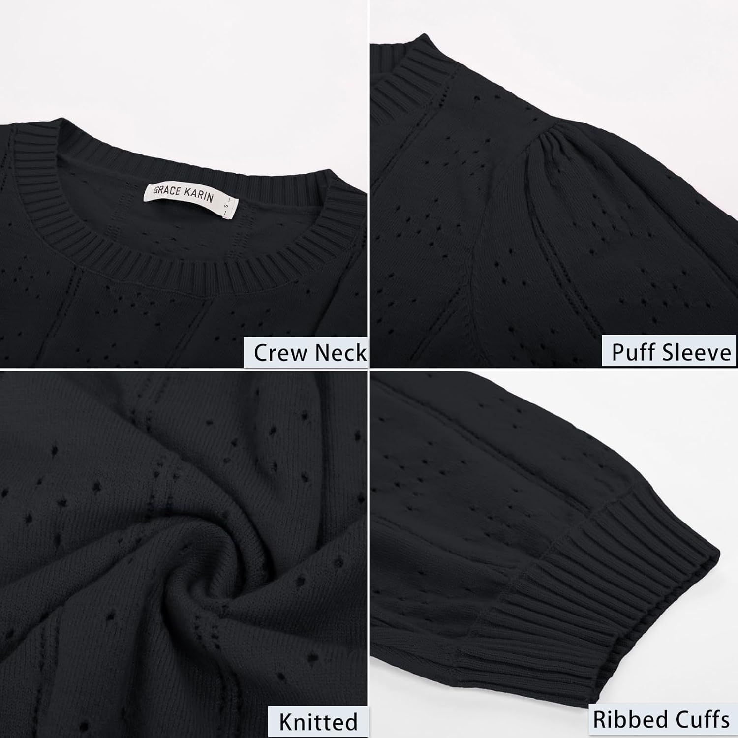 GRACE KARIN Summer Puff Short Sleeve Tops for Women 2026 Cute Crew Neck Crochet Blouse Dressy Casual Thin Pullover Sweater