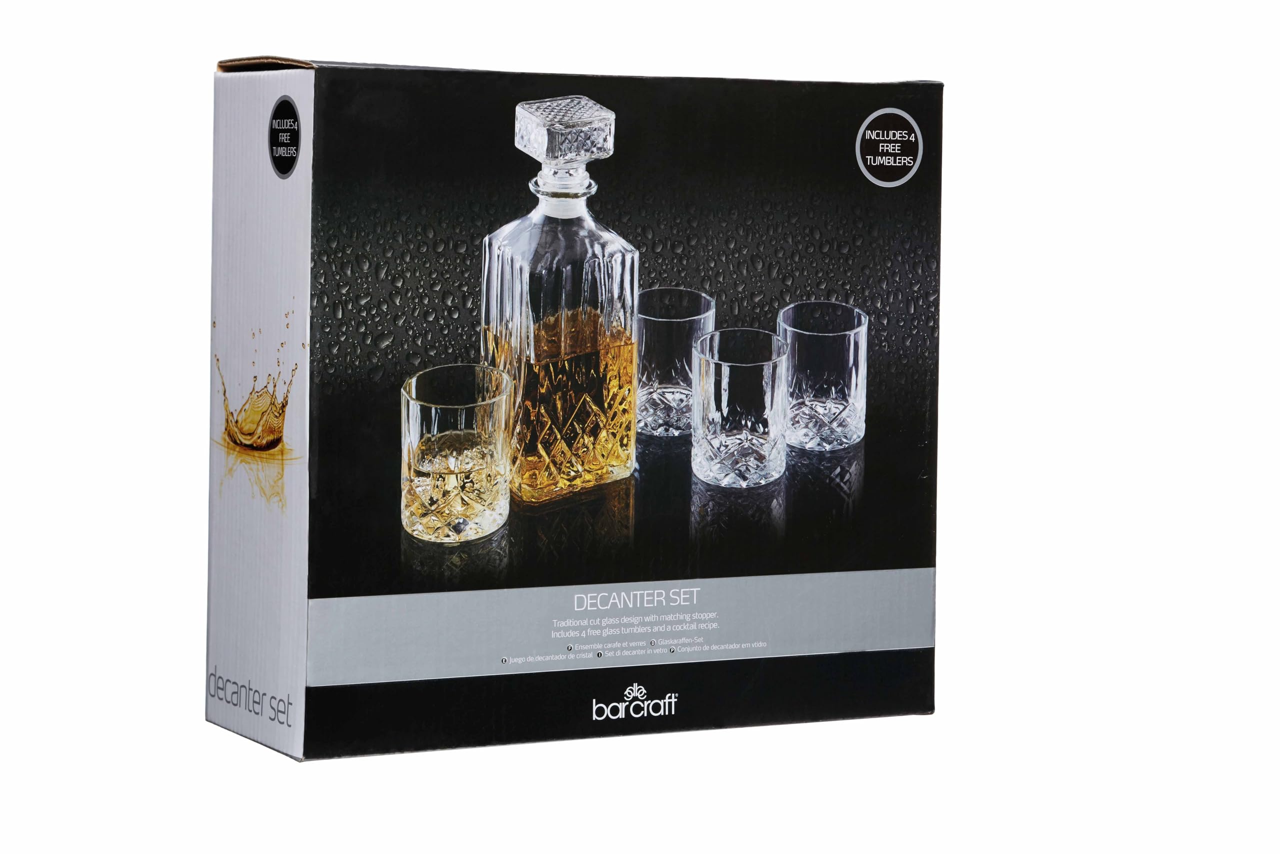 BarCraft Decanter per Whisky 900ml e set da Regalo, in Vetro Tagliato, 5 Pezzi, con Tappo in Silicone e 4x Bicchieri, 26 x 10 x 24cm