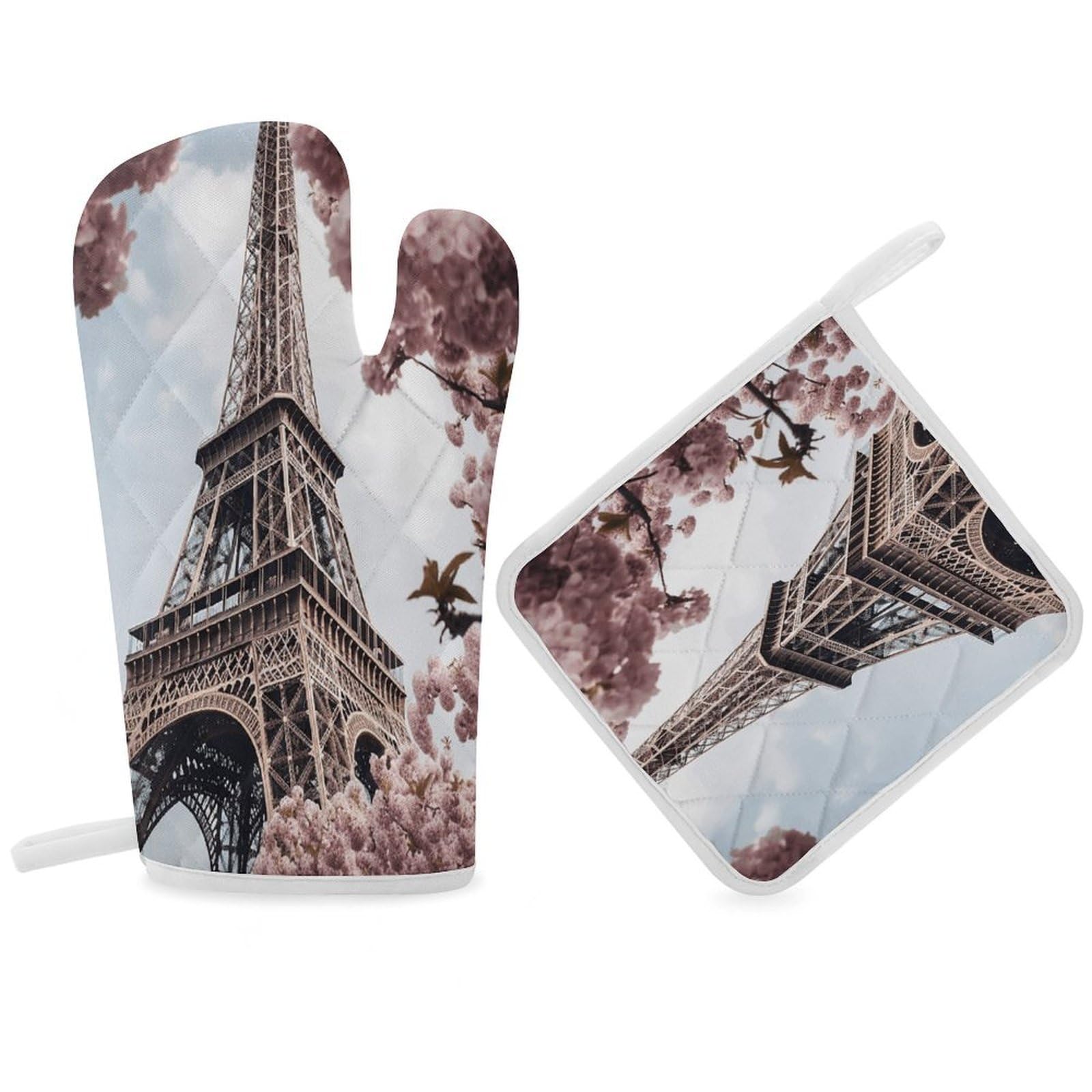 Fodpand Women's Style Eiffel Tower Blossoms Oven Mitts And Pot Holders Sets,Oven Gloves For Kitchen Oven Mitts And Potholders For Baking Cooking Grilling Apartment Essentials