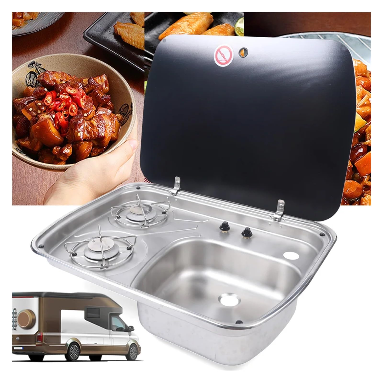 Cucina for Camper, roulotte, Barca, Piano Cottura a Gas a 2 fuochi e lavello con Coperchio in Vetro temperato, lavabo in Acciaio Inossidabile, Cucina for Camper