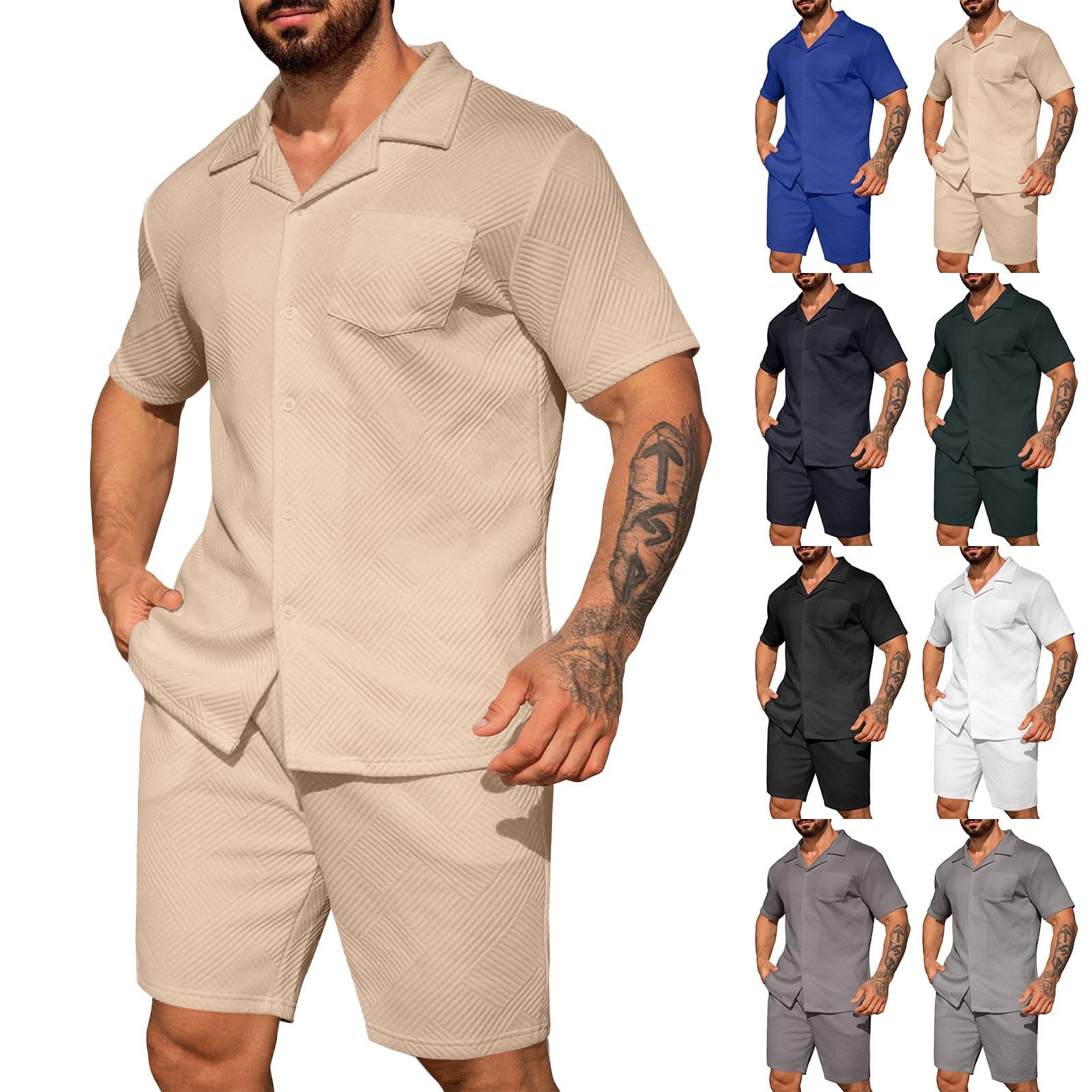 Tuta corta per il tempo libero da uomo, con motivo strutturato, set estivo, tinta unita, elegante tuta estiva con maglietta e pantaloncini estivi, traspirante, comoda tuta da casa per il tempo