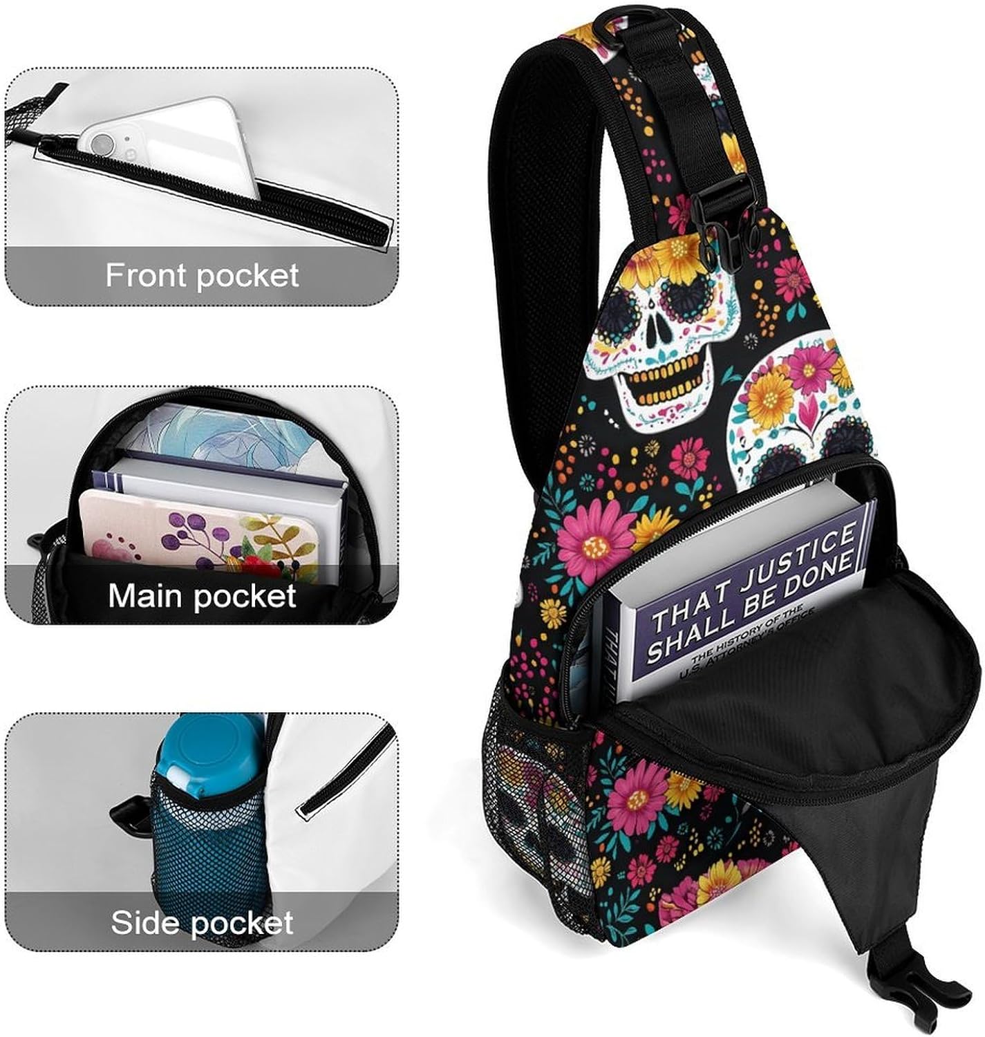 Skull Flower Men Crossbody Sling Backpack Chest Bag | Travel Fanny Pack,Hiking Daypack,Print Shoulder Bags