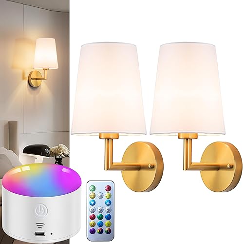 Miniatura 10 de Juego de 2 apliques de pared a pilas, 10000 mAh, luces de pared inalámbricas recargables con control remoto, 10 RGB regulables, decoración de pared