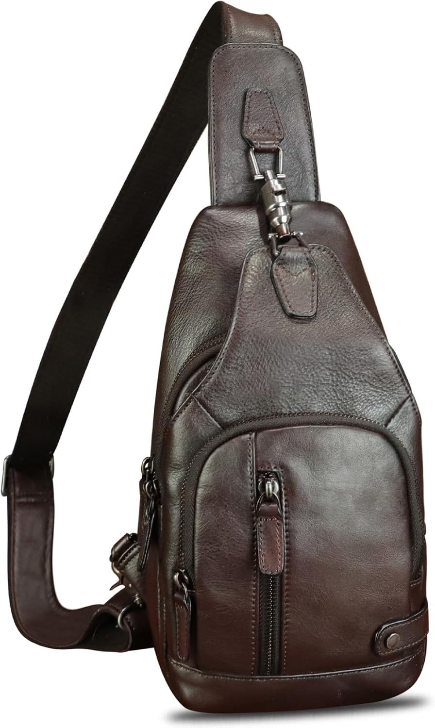 IVTG Genuine Leather Sling Bag for Women and Men Vintage Desinger Chest Over Shoulder Crossbody Bag Sling Backpack Purse (Coffee)