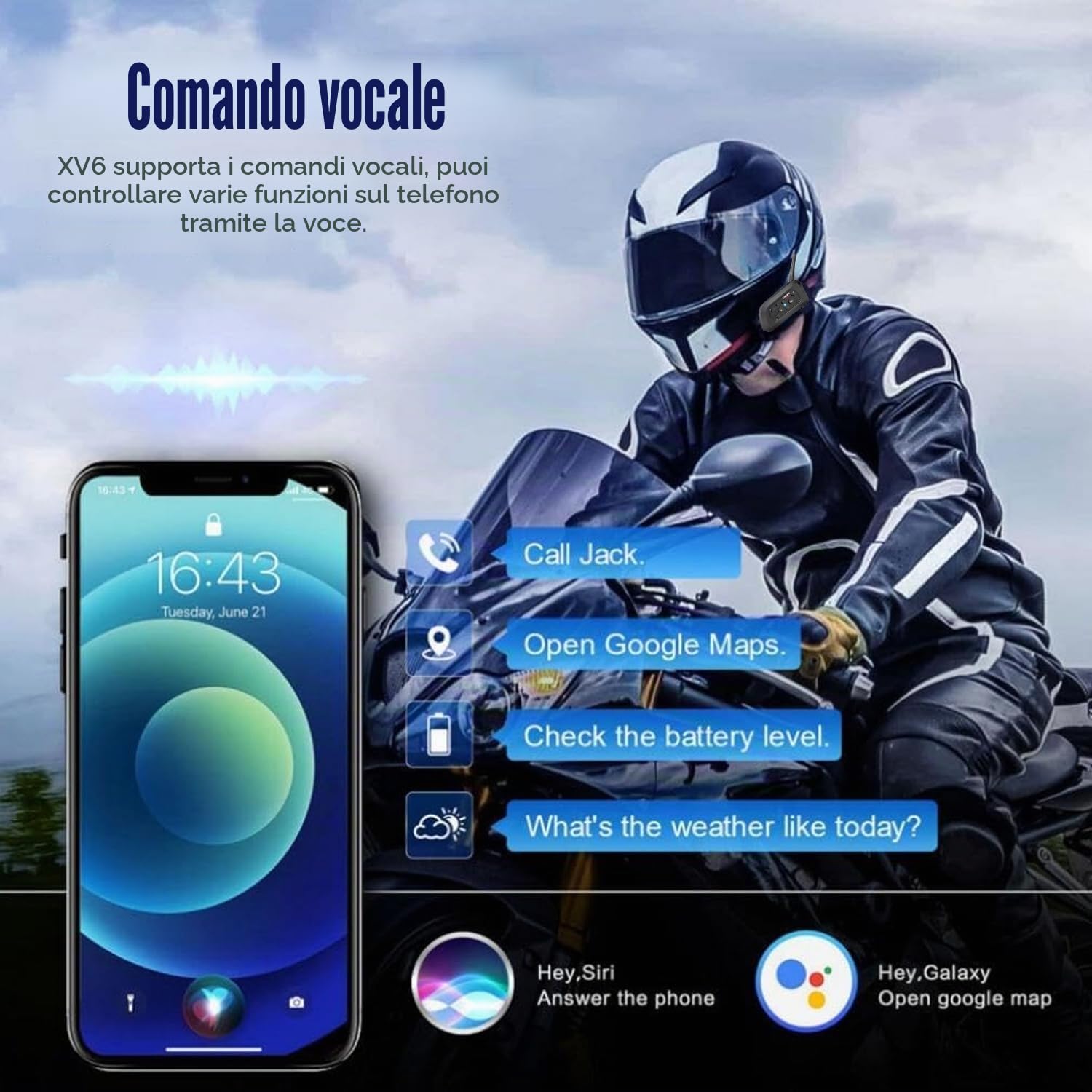 V6 PRO Interfono Moto, Kit Interfono per 2 Casco Auricolari con Cancellazione del Rumore, Distanza 1Km, Sistema di Comunicazione Moto Universale IP67 Impermeabile (Nero-Due)