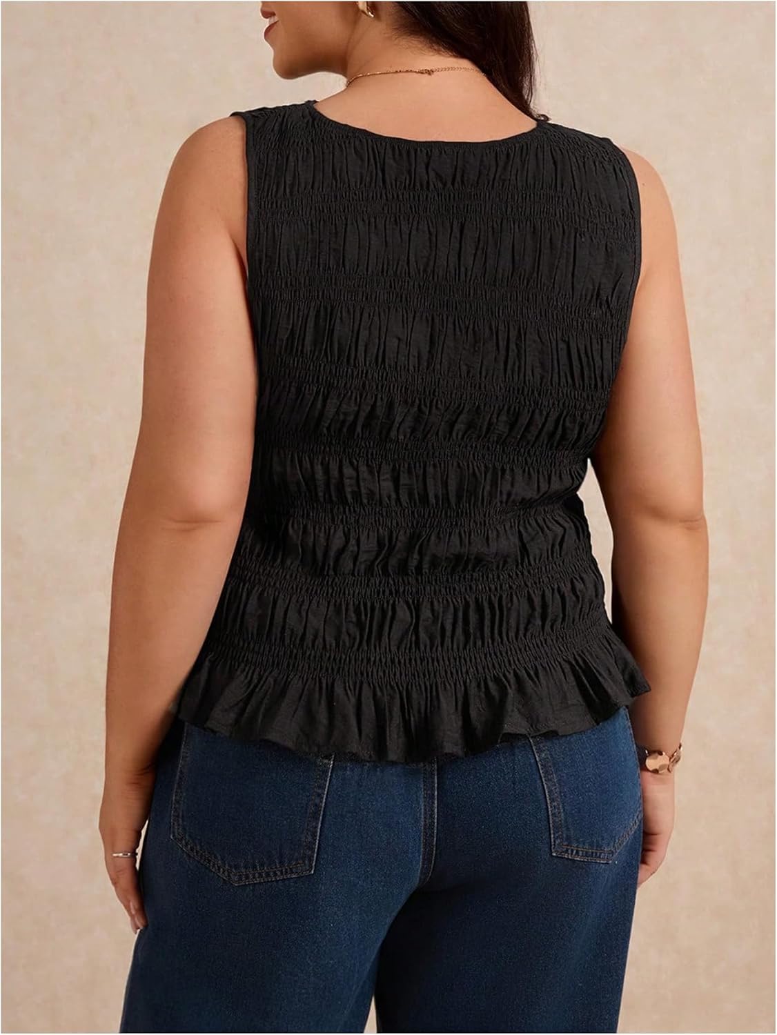 SweatyRocks Women's Plus Size Smocked Ruffle Tank Top Summer Sleeveless Slim Fit Shirred Tops - Image 2