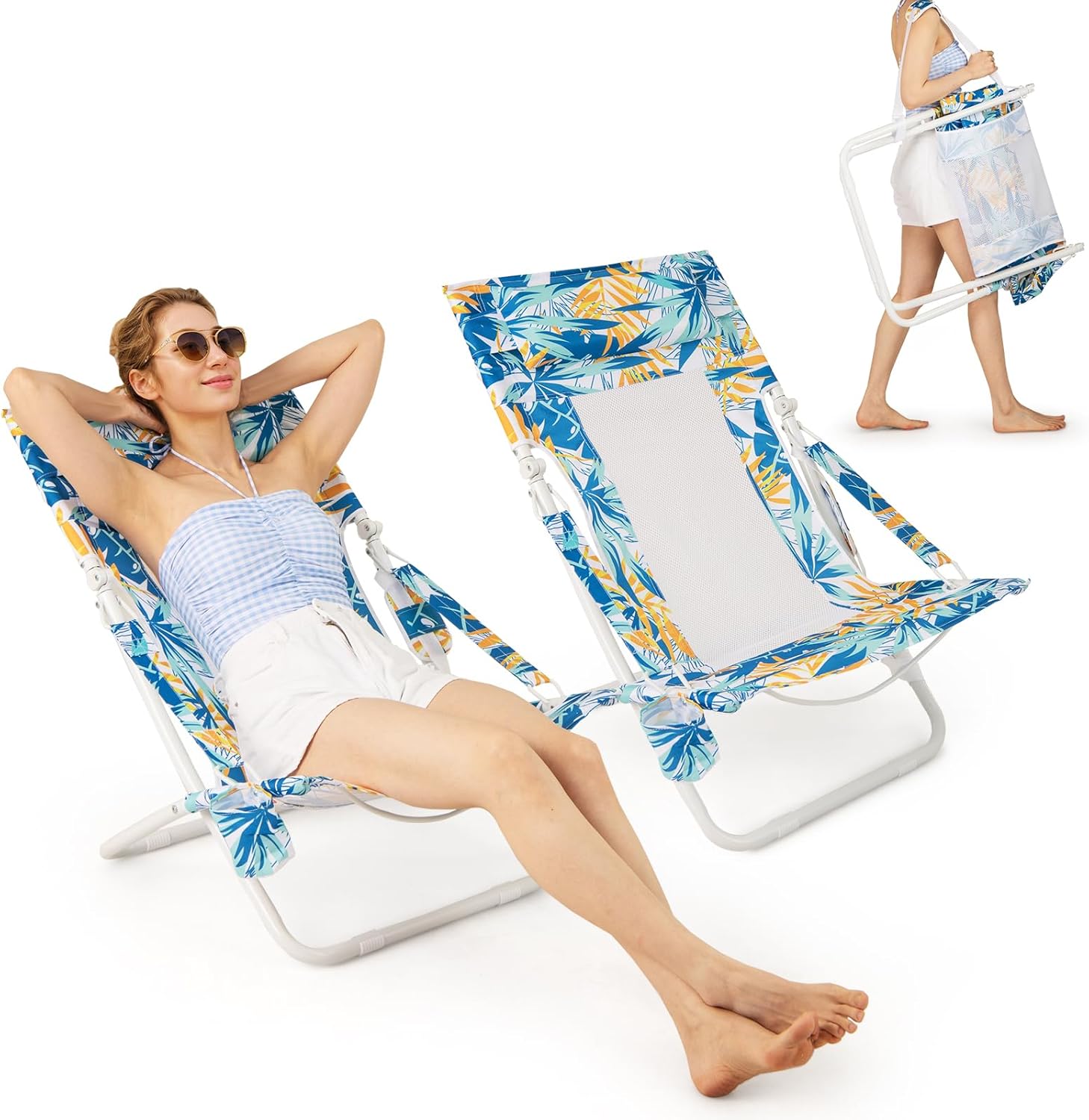 GYMAX Beach Chair Set of 2, Folding Sling Chairs with Headrest, Cup Holder & Shoulder Strap, 330 LBS Portable Patio Lounge Chairs for Outside, Camping, Lawn, Deck, Backyard, Poolside (Blue,2 Pcs)