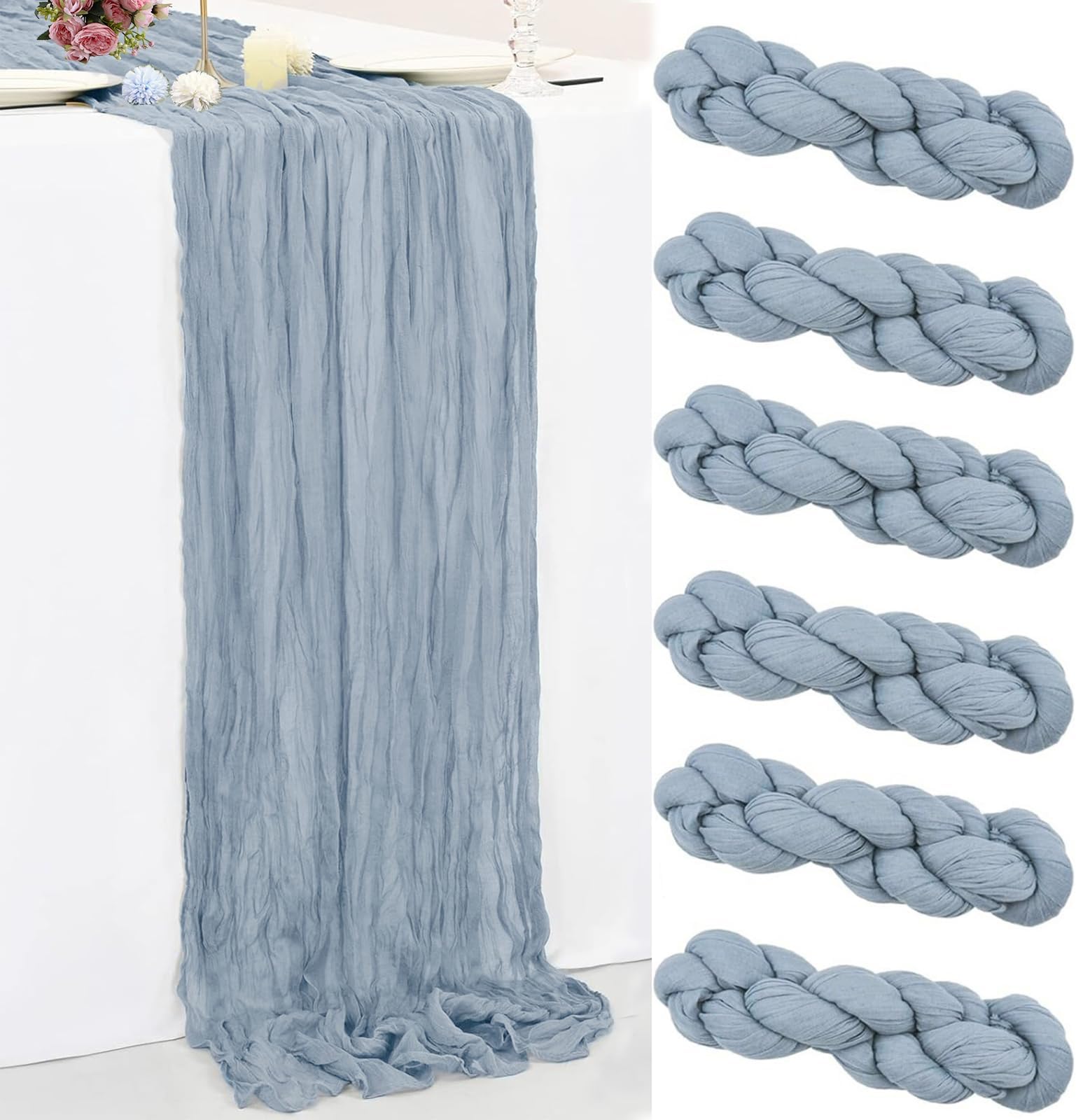 6Pack Dusty Blue Cheesecloth Table Runner 10Ft 35x120 Inch Boho Gauze Table Runner Rustic Cheese Cloth Long Table Runner for Wedding Baby Bridal Shower Birthday Party Decorations
